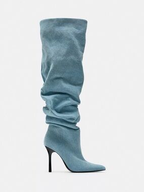Zara Dusty Teal Suede Slouch Over-the-Knee Stiletto Boots